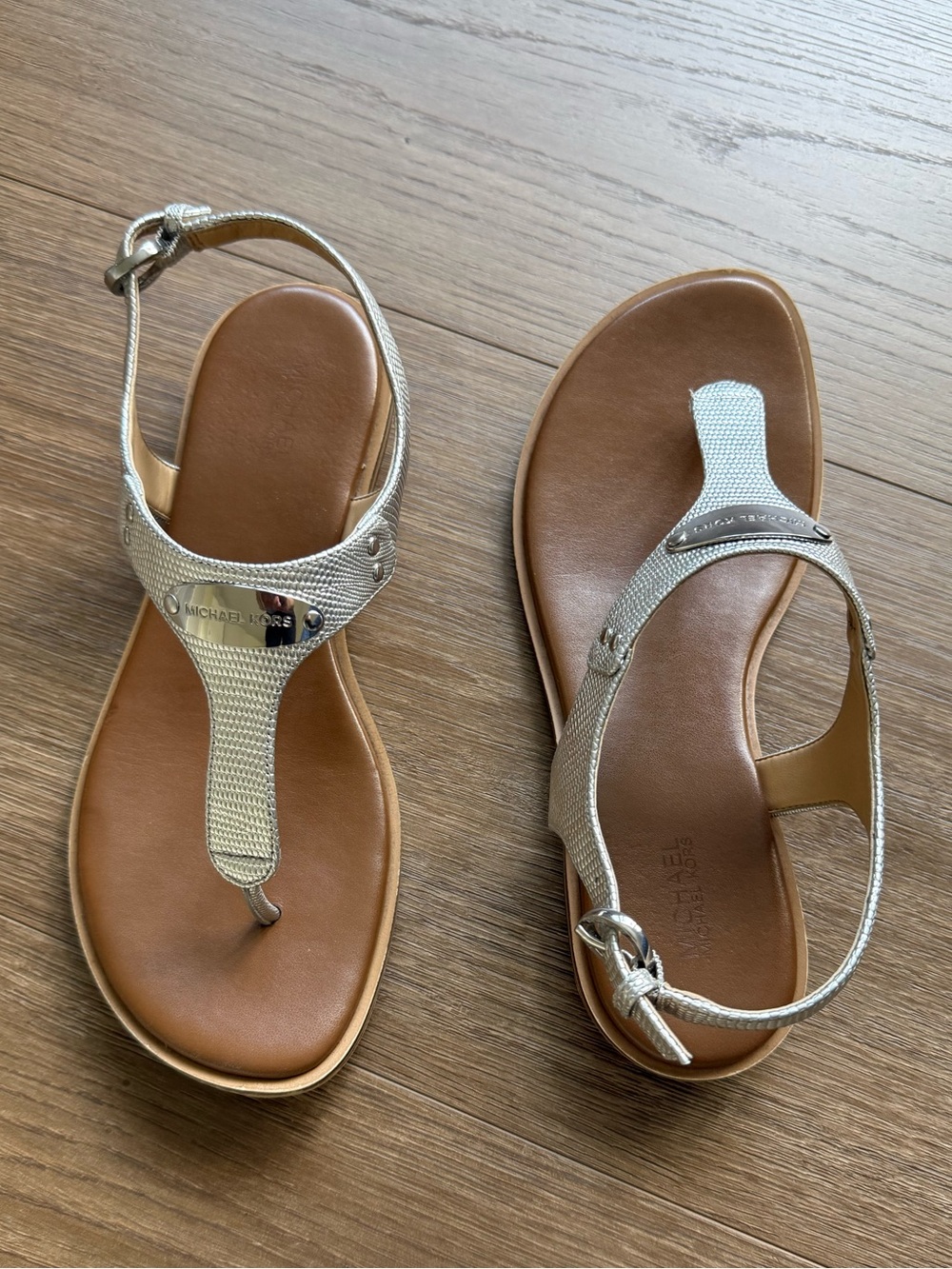 Michael Kors Silver T-Strap Sandals with Brown Footbed